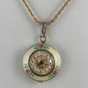 Vintage JB Hudson Gold Tone Pendant Watch with Necklace 1940's Hand Wind